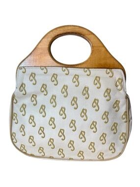 GLO BELLE Vintage Bermuda Bag Handbag Wood Handles Canvas Retro 60’s 70’s